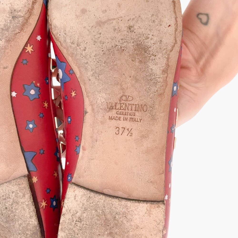 Valentino Garavani Rockstud Caged Flats EU 37.5 US 7.5 Red Stars Studded Ballet - Picture 16 of 16